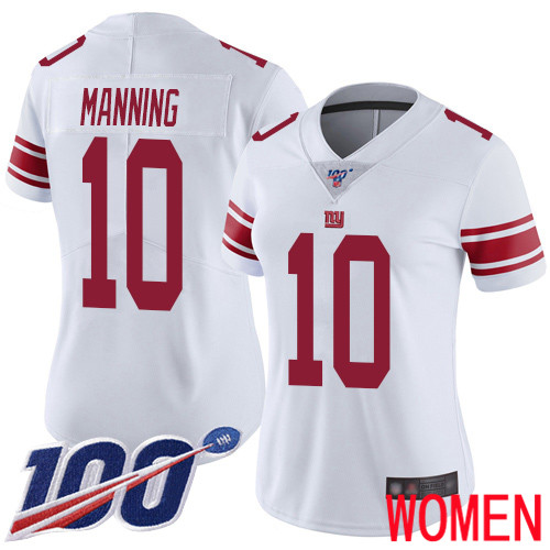 Women New York Giants #10 Eli Manning White Vapor Untouchable Limited Player 100th Season Football NFL Jersey->women nfl jersey->Women Jersey